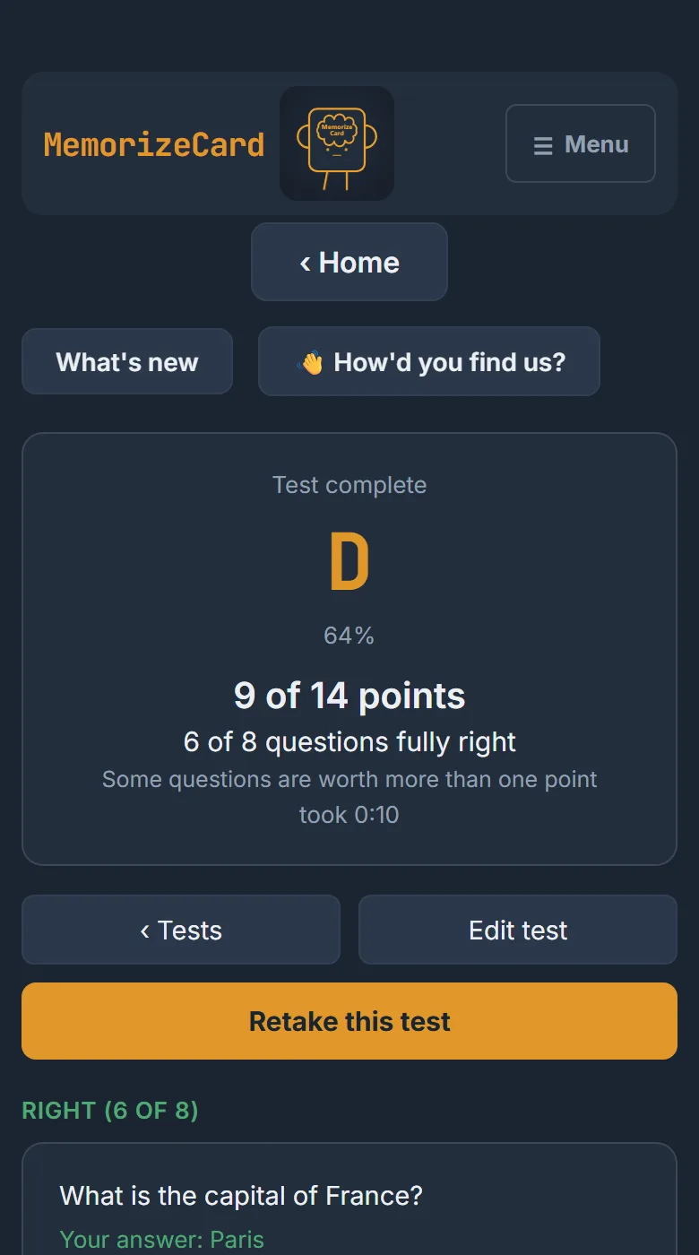 Test results: a letter grade, the percentage, points scored, and a list of what was right and wrong.
