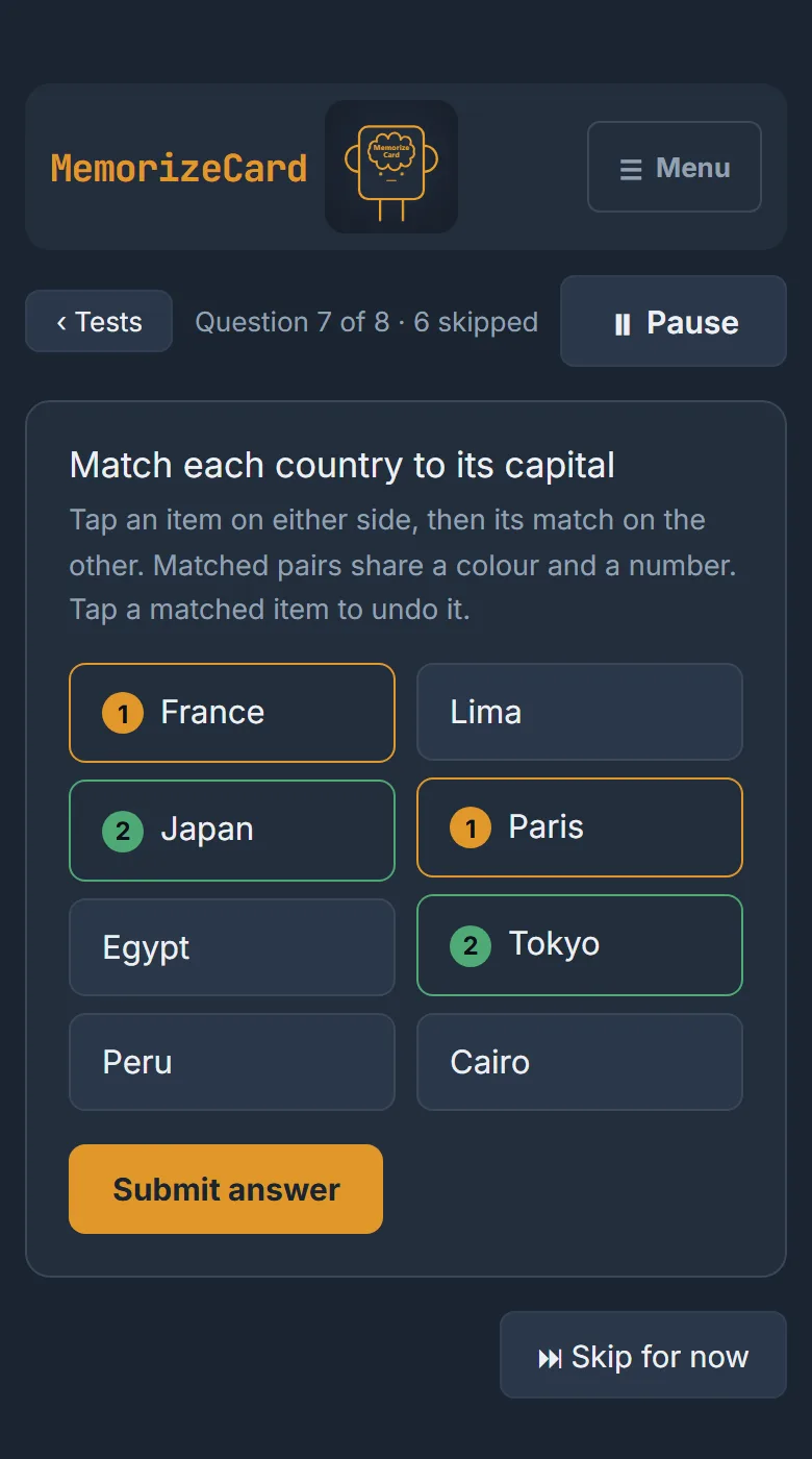 A matching question in a test: countries on the left, capitals on the right, two pairs already matched and numbered.